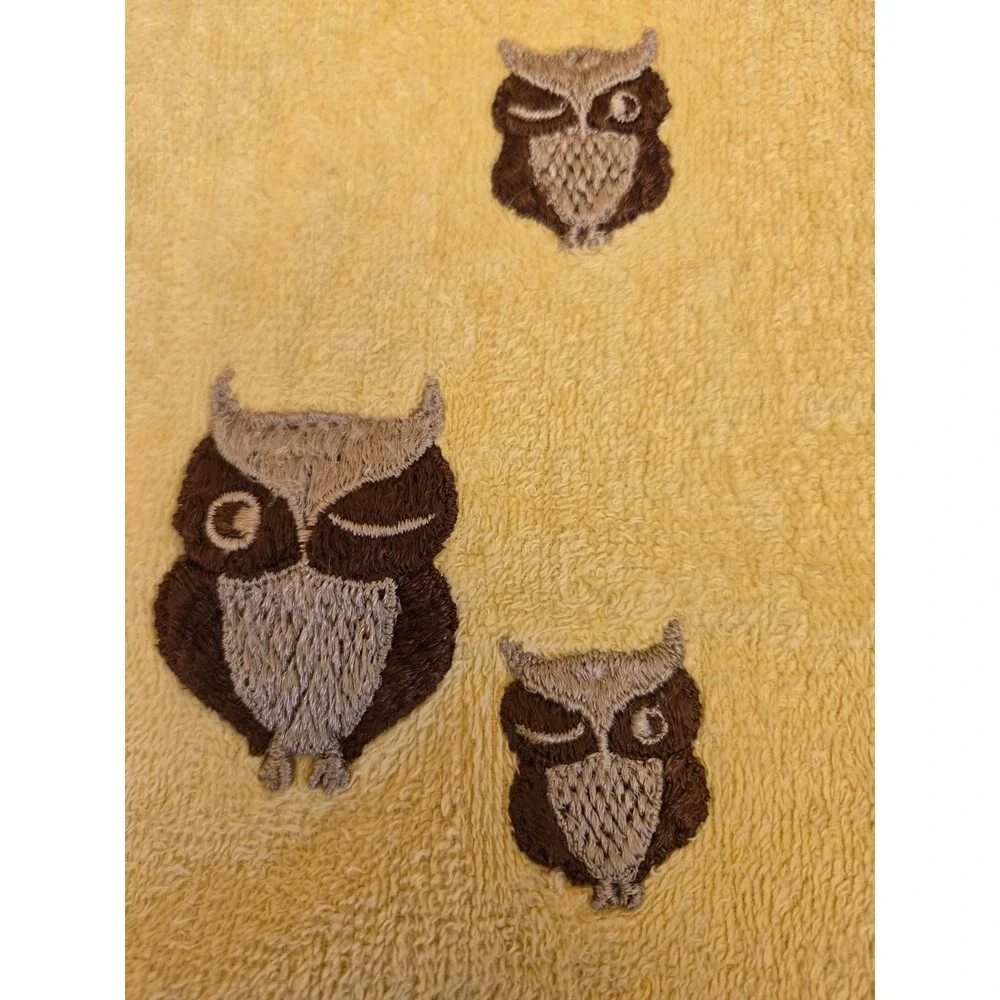 Vintage Yellow Embroidered Owl Towel Set Bath Hand Towel Martex   USA Retro